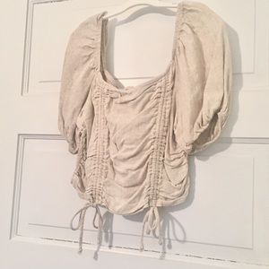 Oatmeal ivory linen natural puff sleeve crop festival boho gypsy peasant